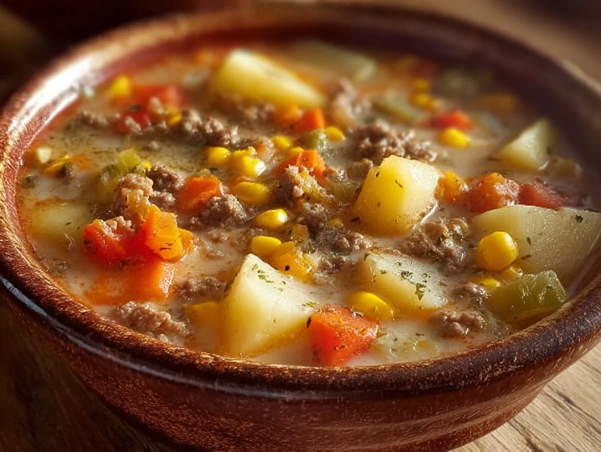 Creamy Hamburger Potato Soup: A Comforting Classic Loaded with Flavor! Creamy hamburger potato soup served in a bowl with fresh herbs on top.