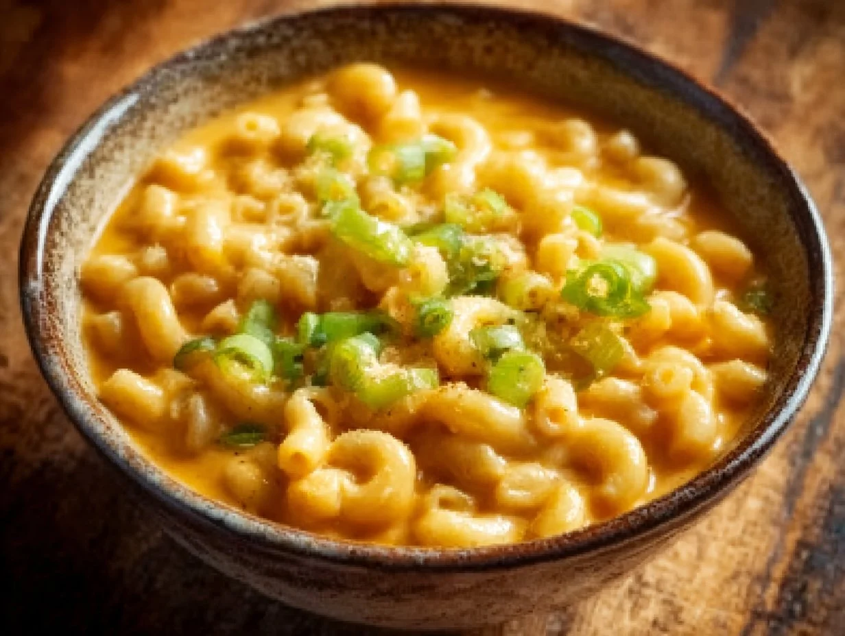 Creamy mac and cheese soup in a bowl with cheese and herbs.