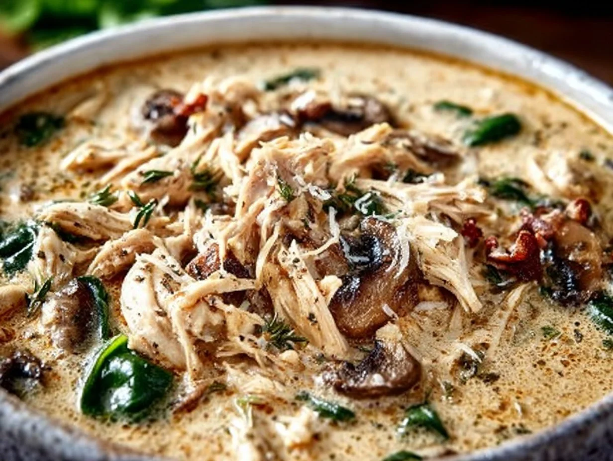 Creamy rotisserie chicken mushroom soup in a bowl garnished with herbs