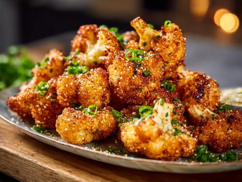 Crispy air-fried cauliflower wings served with dipping sauce