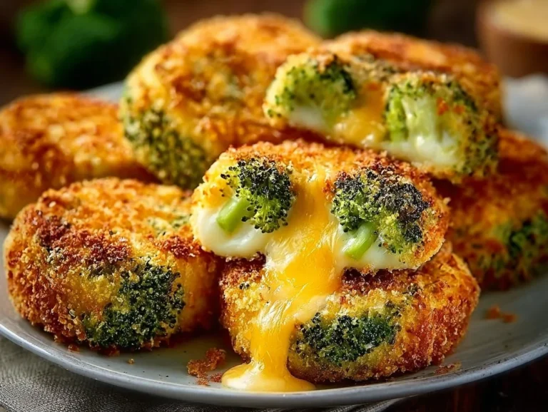 Crispy broccoli cheese rounds served on a plate, garnished with herbs.