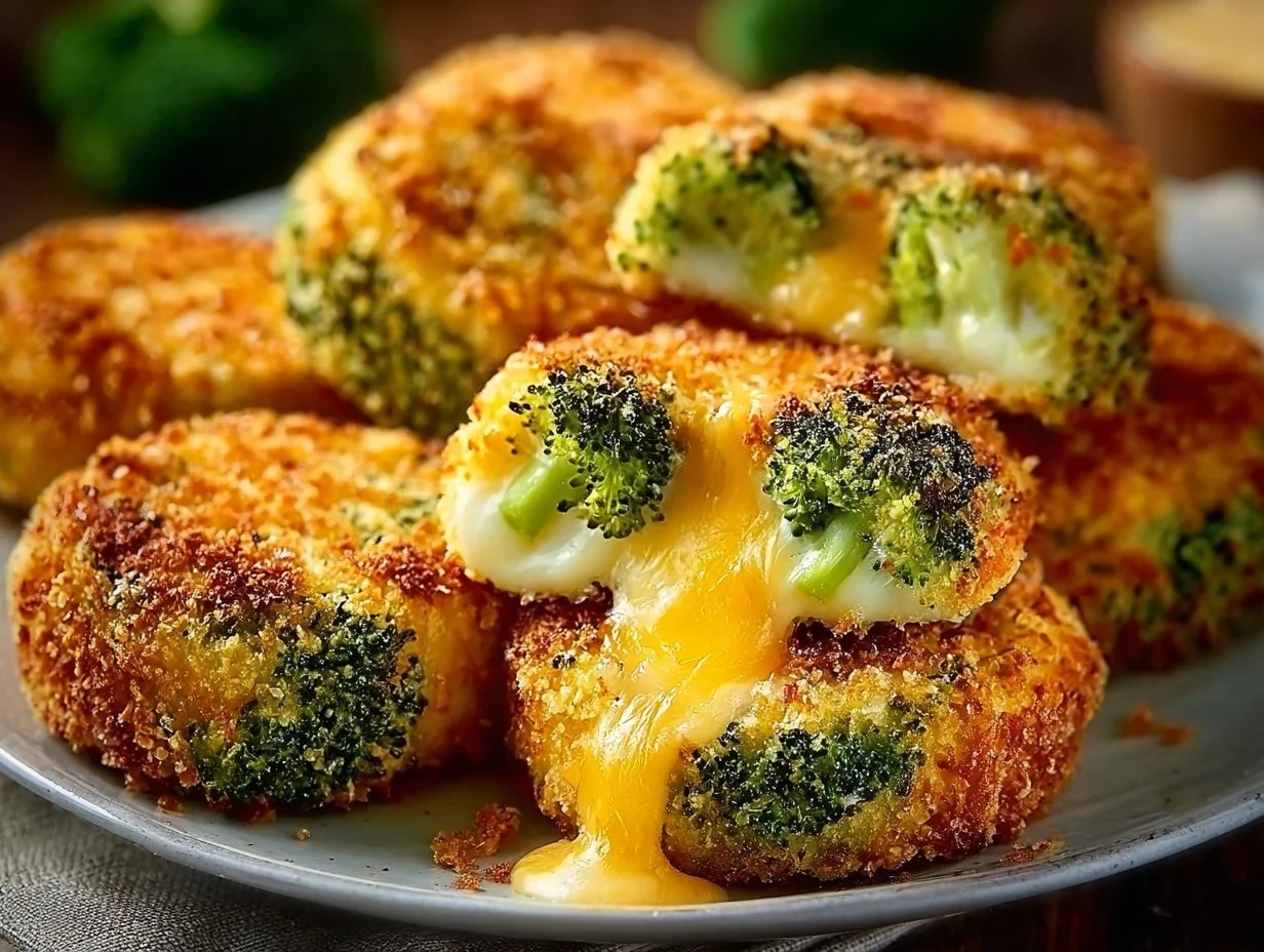 Crispy broccoli cheese rounds served on a plate, garnished with herbs.