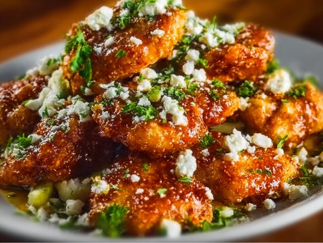 Crispy hot honey feta chicken plated with herbs