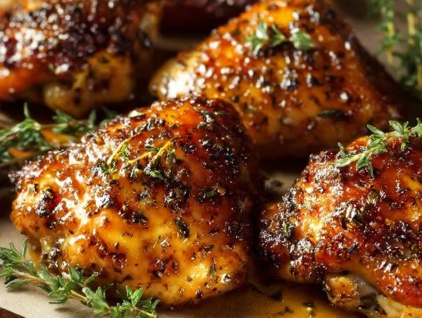 Crispy oven-baked chicken thighs served with vegetables