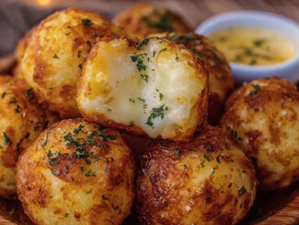 Crispy Potato & Cheese Bombs with Garlic Butter: A Flavorful Treat for Any Occasion Crispy potato and cheese bombs drizzled with garlic butter on a plate.