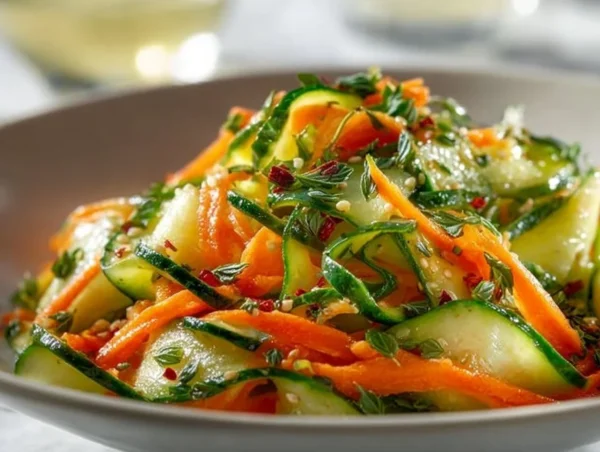 Cucumber Carrot Salad (15 Minutes, Big Crunch!) Cucumber Carrot Salad garnished with herbs in a bowl