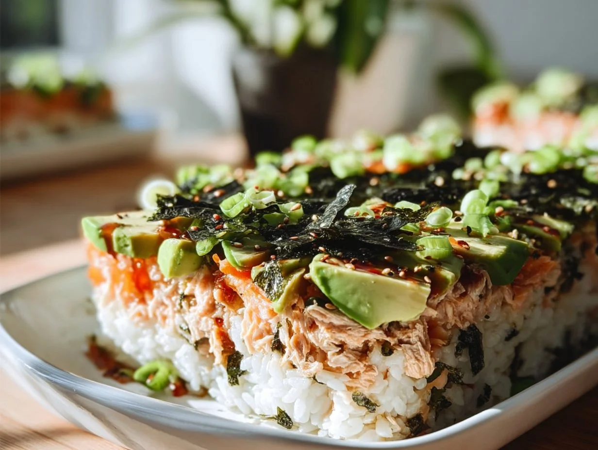 Deconstructed Sushi Bake with seafood ingredients and toppings