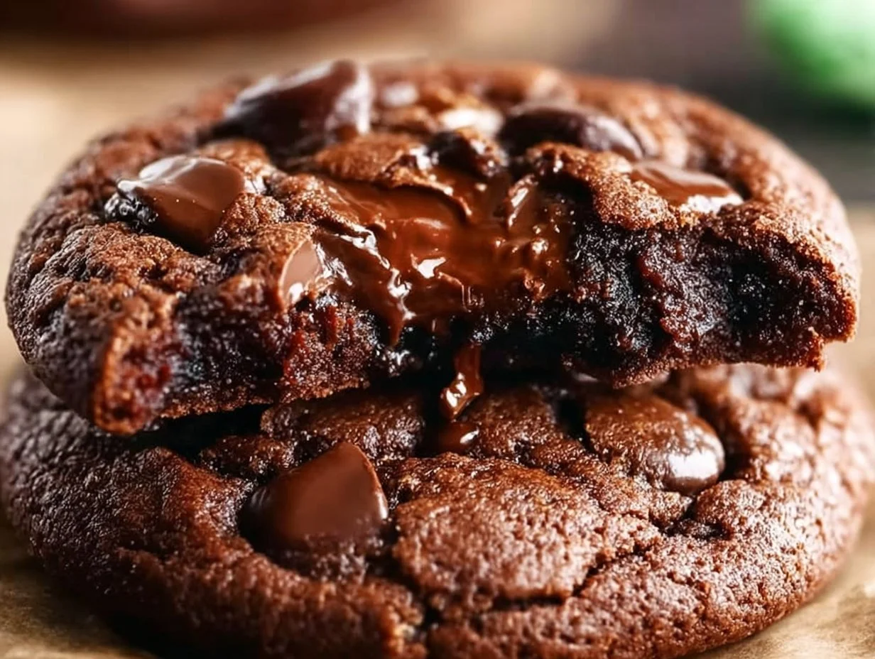 Delicious double chocolate mint cookies stacked on a plate.