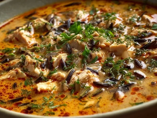Bowl of easy Turkey Wild Rice Soup garnished with herbs
