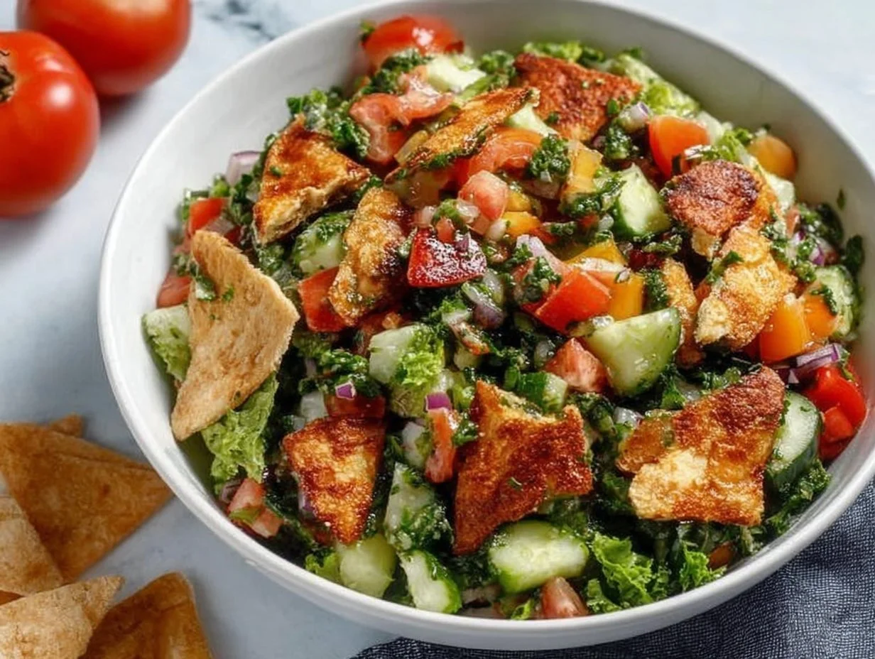 Fresh Fattoush Salad with vegetables and crispy pita bread