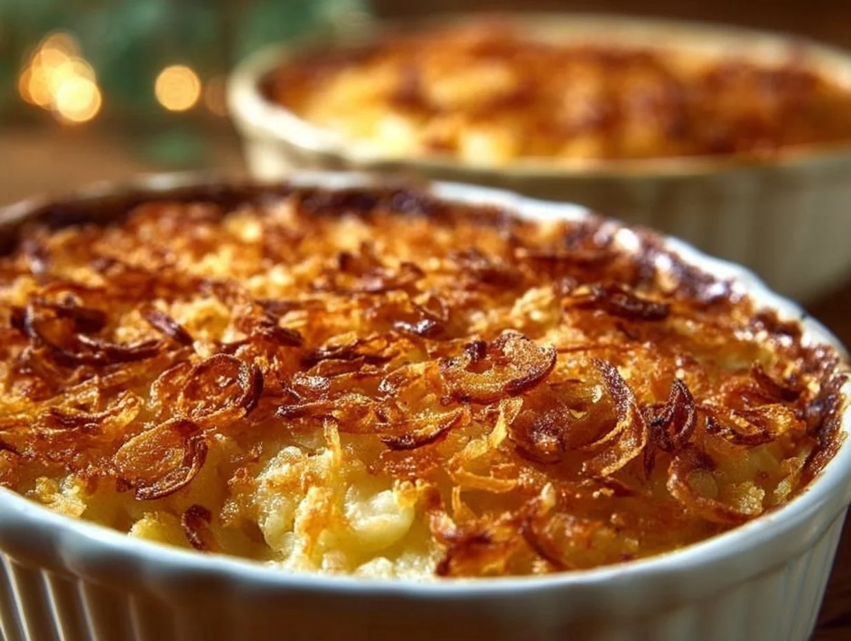 Creamy French Onion Funeral Potatoes dish served in a casserole dish