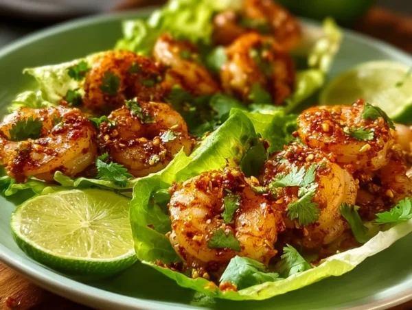 Garlic Lime Shrimp Lettuce Wraps garnished and ready to serve