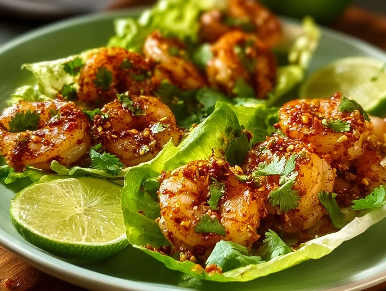 Garlic Lime Shrimp Lettuce Wraps garnished and ready to serve