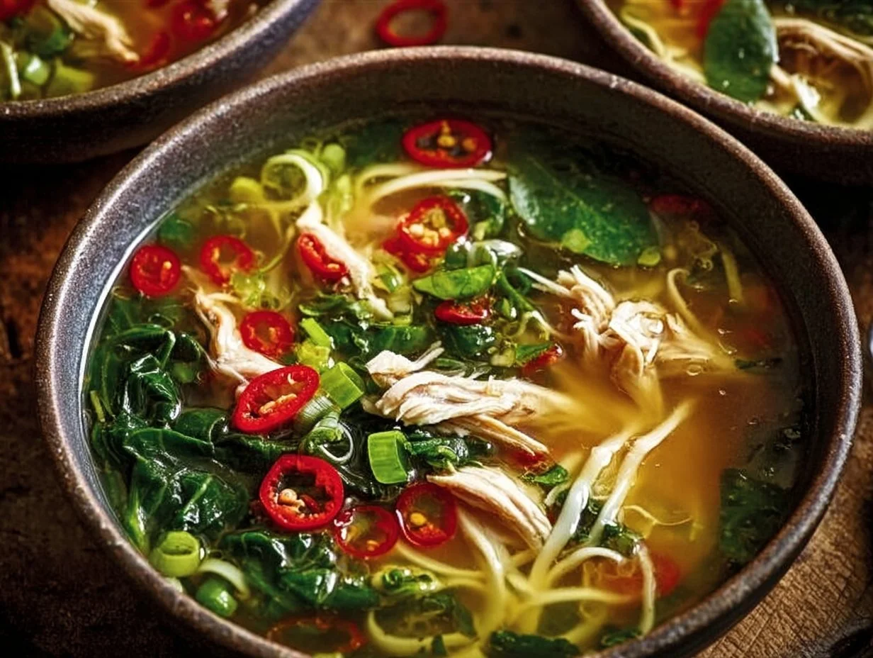 Bowl of ginger garlic chicken noodle soup garnished with fresh herbs