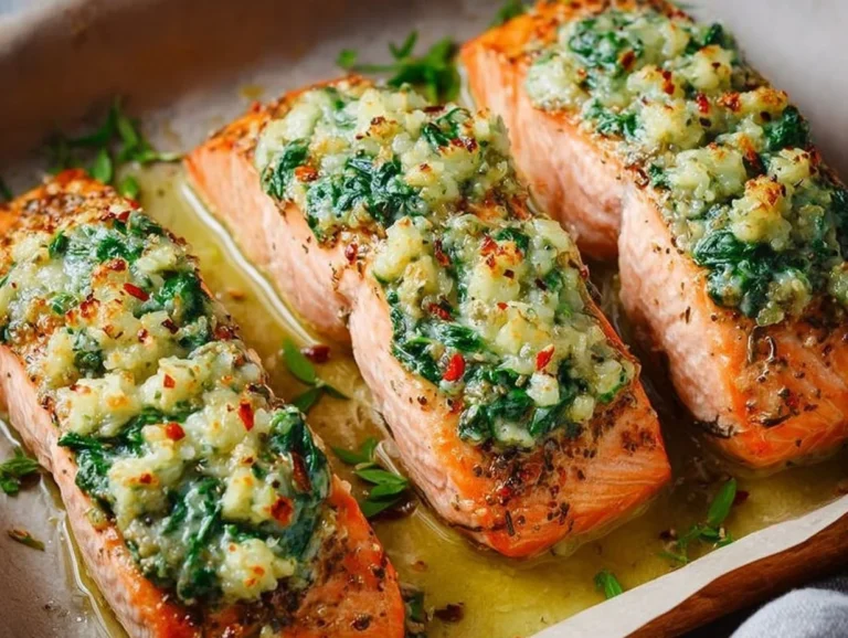 Gluten-free baked stuffed salmon with spinach and feta on a plate