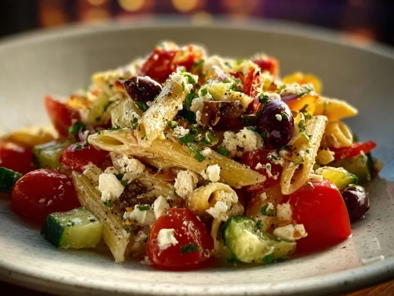 Greek Pasta Salad: A Flavorful and Easy Delight for Any Occasion Colorful bowl of Greek Pasta Salad with vegetables and feta cheese