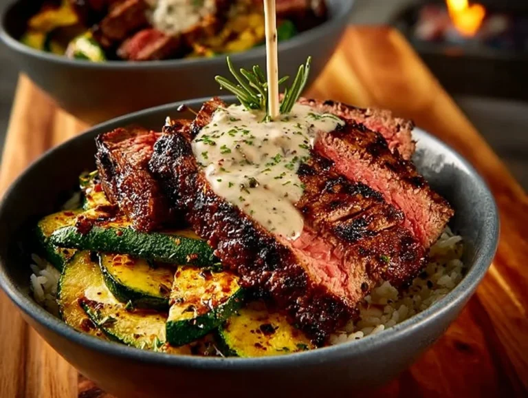 Grilled steak bowl with sauce and grilled zucchini on a plate