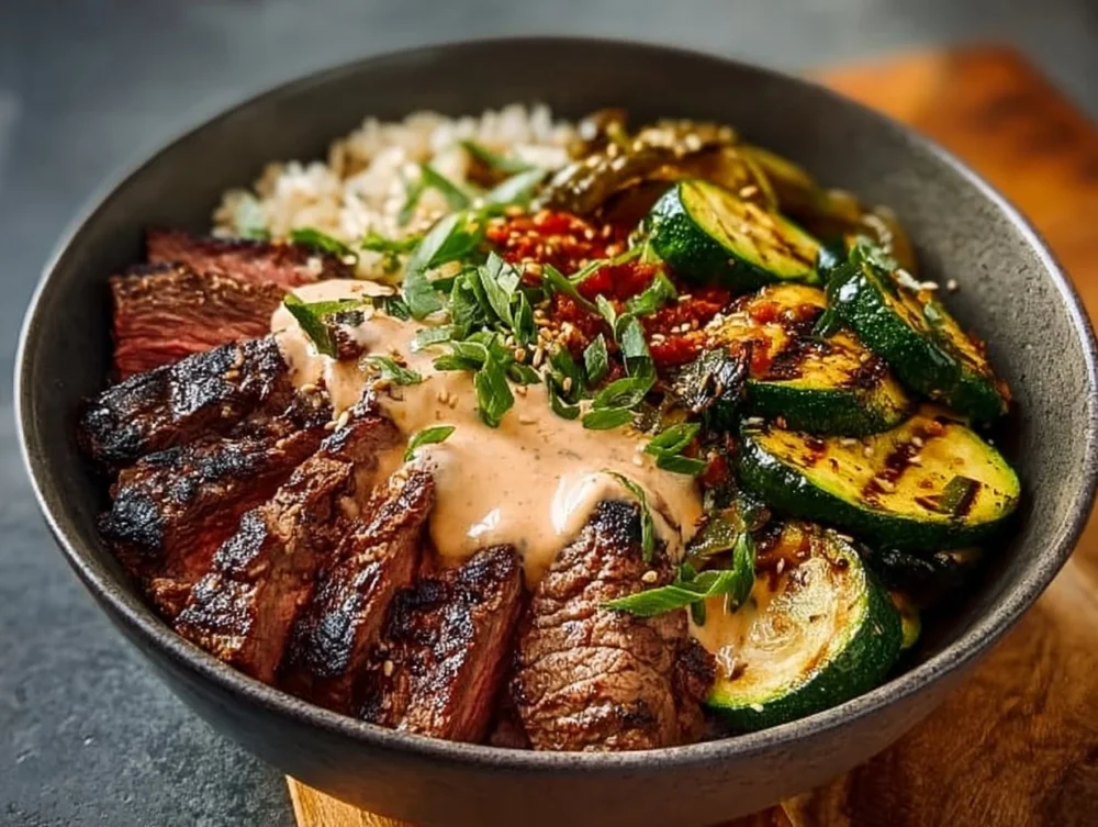 Grilled steak bowl with sauce and grilled zucchini on a plate