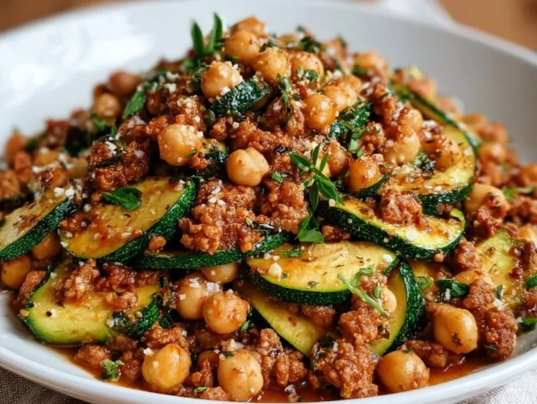 Ground Turkey Zucchini Chickpea Skillet served in a skillet, garnished with fresh herbs.