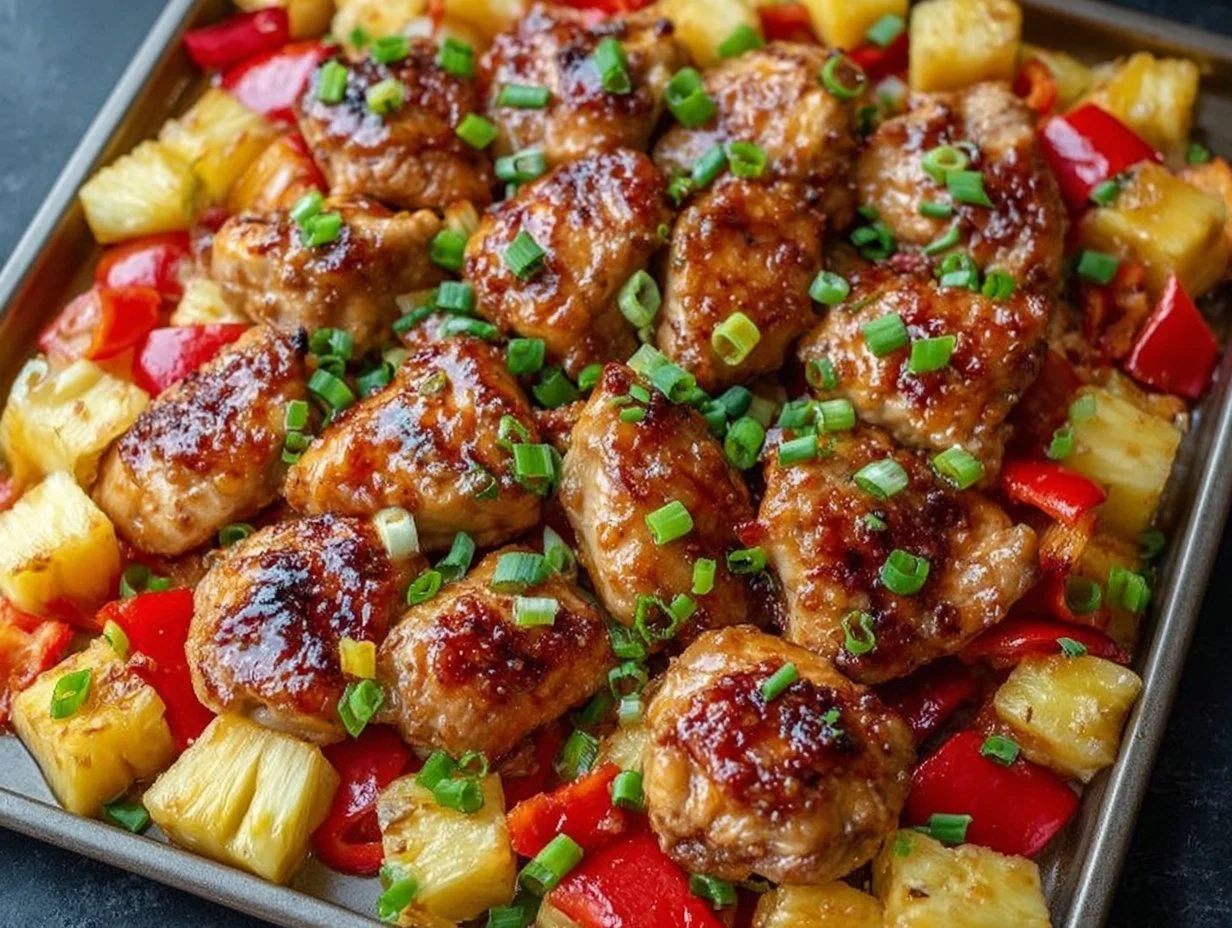 Hawaiian Chicken Sheet Pan dinner with vibrant vegetables and delicious glaze.