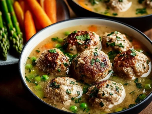 Delicious hearty meatball soup in a bowl, perfect for a cozy meal