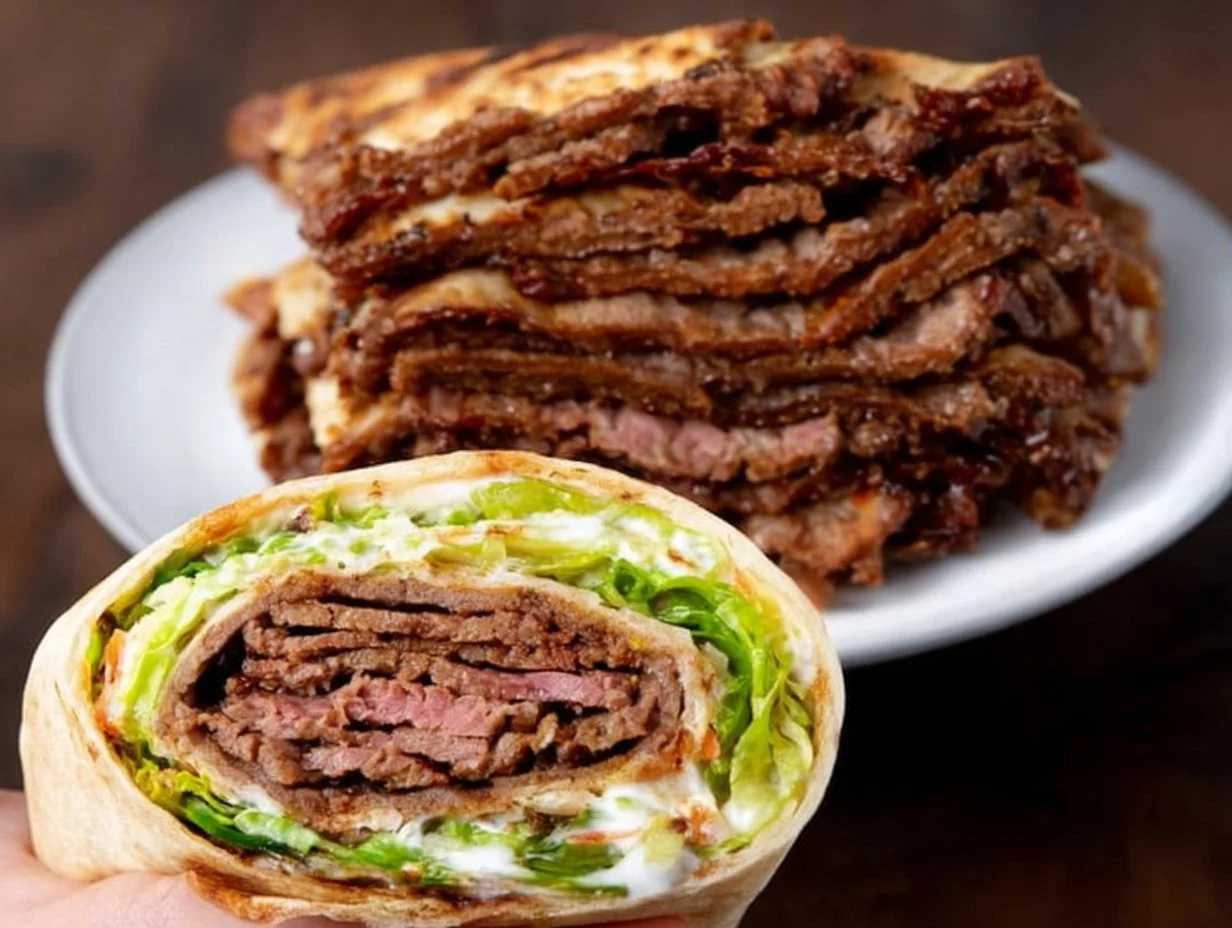 Delicious homemade doner kebab served with fresh vegetables and sauces