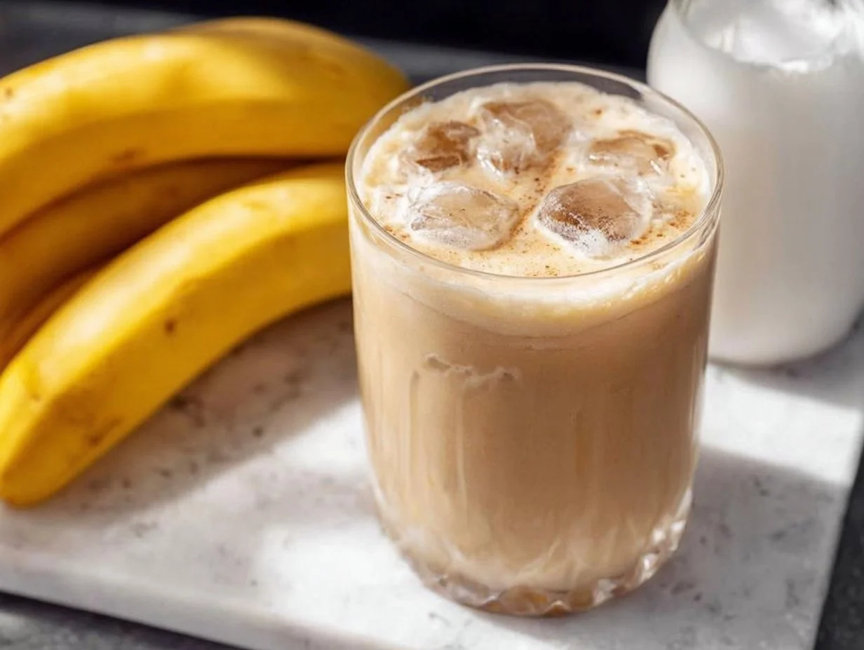 A glass of Korean Banana Milk with a banana and milk background.