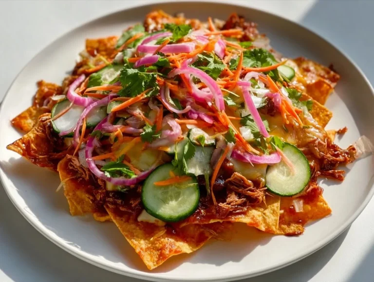 Korean BBQ Nachos topped with meats, cheese, and fresh garnishes