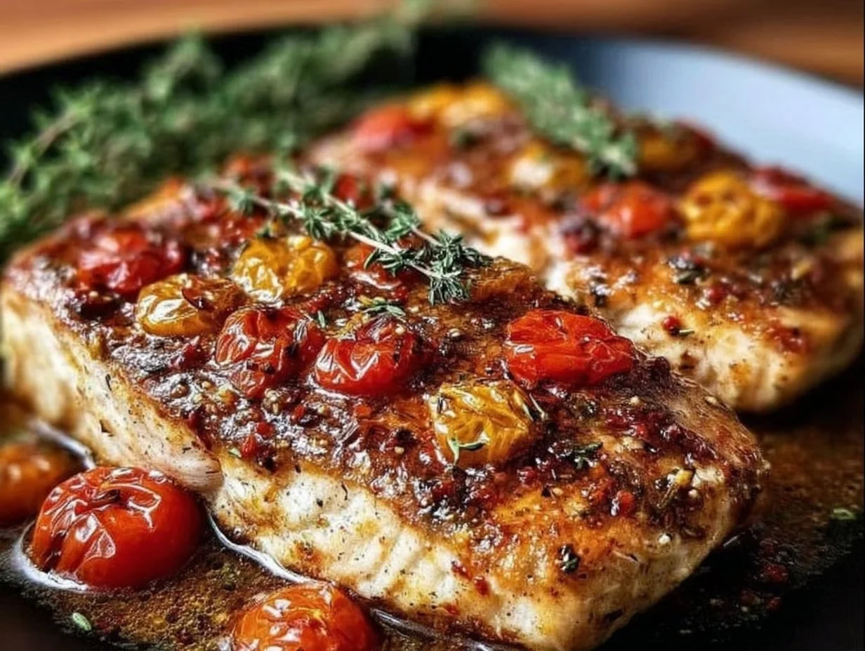 Mediterranean baked fish garnished with herbs and lemon on a plate