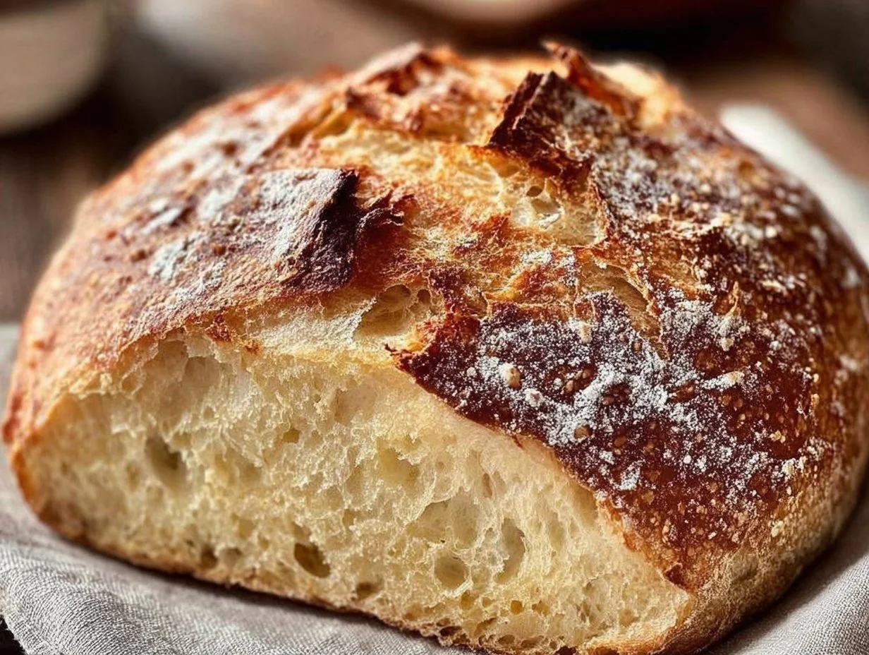 Freshly baked no knead Italian artisan bread loaf on a wooden table
