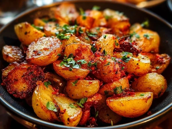 Delicious oven-roasted potatoes garnished with herbs and spices