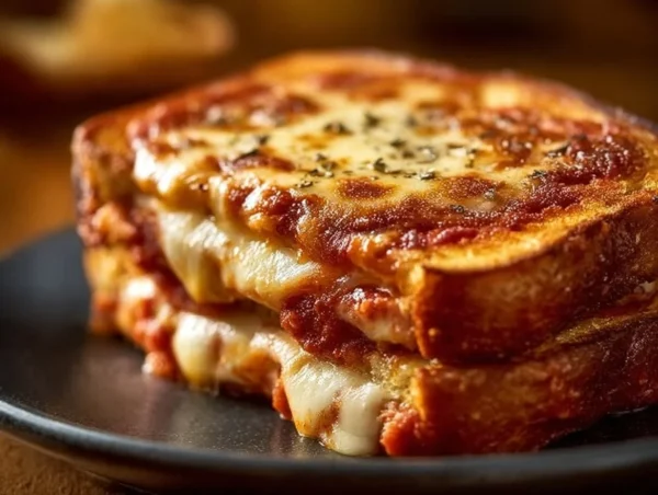Delicious Pizza Grilled Cheese sandwich with melted cheese and pepperoni.
