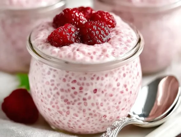 Delicious raspberry chia pudding with fresh raspberries and chia seeds.