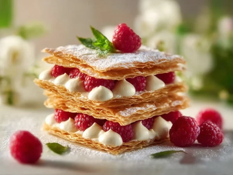 Raspberry Mille-Feuille Cookies stacked with layers of pastry and fresh raspberries