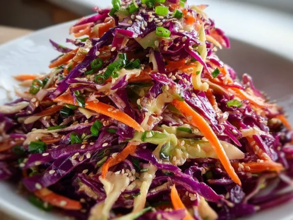 Red cabbage coleslaw topped with tahini ginger lime dressing