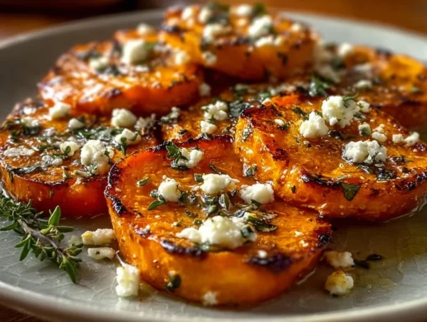 Roasted sweet potato rounds topped with honey and feta cheese