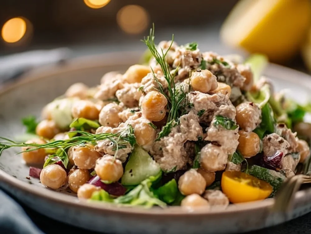 Simple Tuna Chickpea Salad with fresh ingredients in a bowl