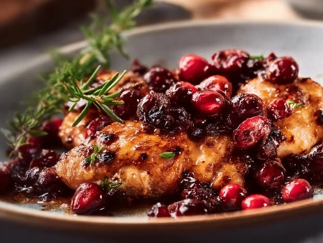 Skillet Cranberry Orange Chicken dish served with fresh herbs