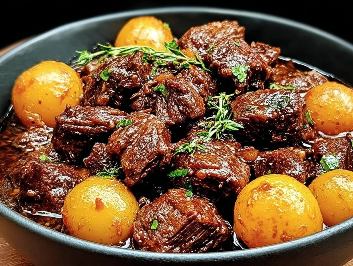 Slow cooker garlic butter beef bites served with potatoes in a bowl