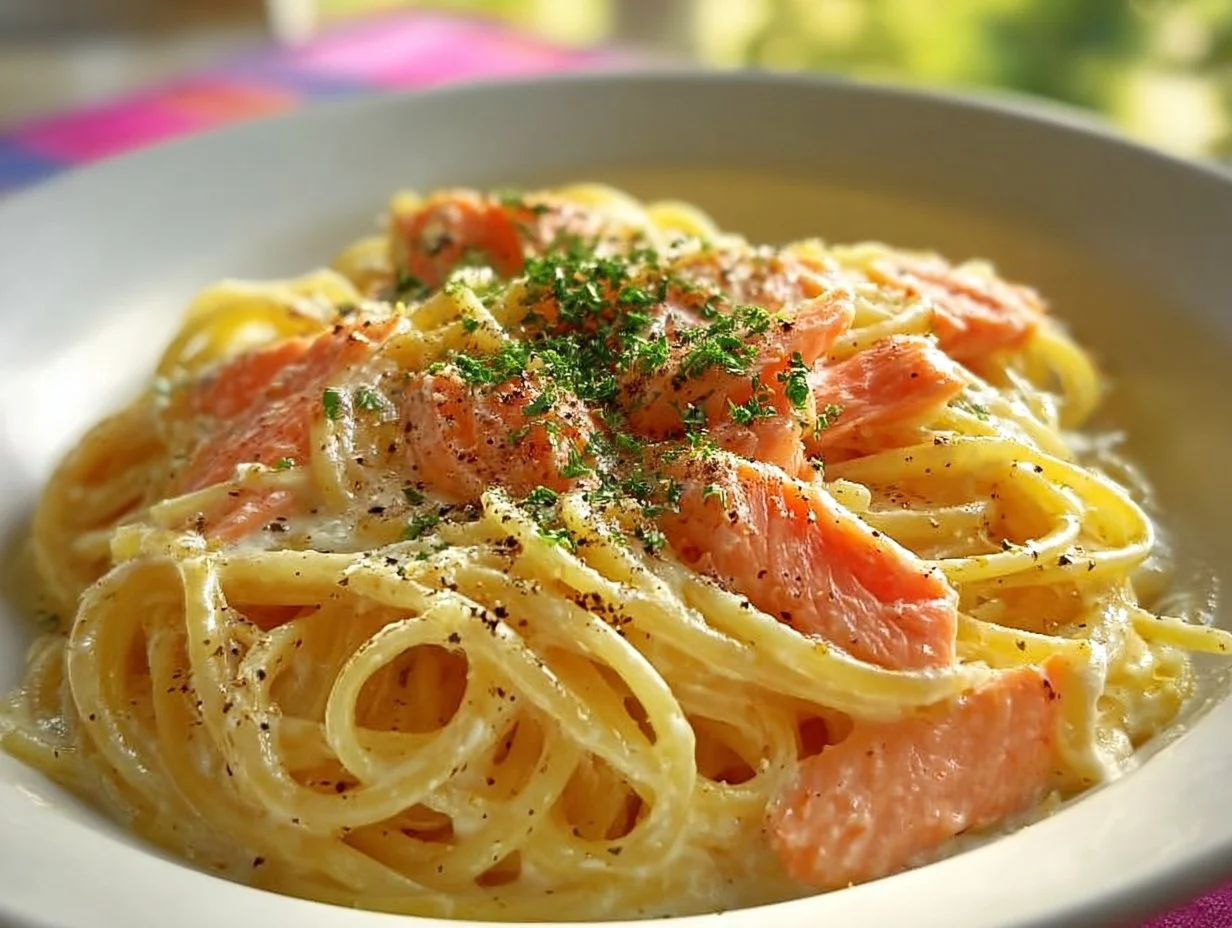 Delicious smoked salmon carbonara served on a white plate, garnished with herbs.