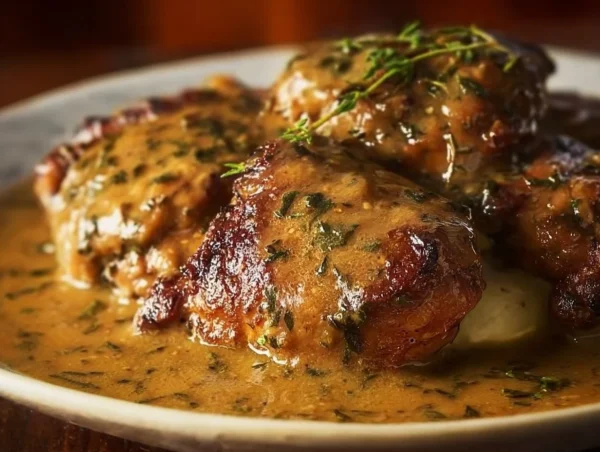 Delicious smothered chicken thighs in a creamy sauce served on a plate.