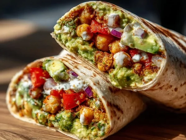 Spicy Chickpea and Avocado Wrap: A Quick Flavor Delight Delicious spicy chickpea and avocado wraps on a plate