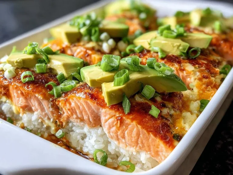 Spicy salmon sushi bake topped with green onions and sesame seeds in a baking dish.