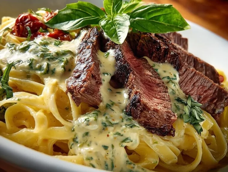 Delicious Steak Gorgonzola Alfredo topped with creamy sauce and herbs.