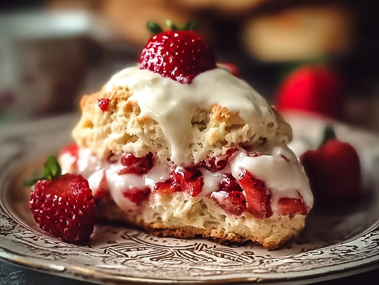 Freshly baked strawberry cream scones on a plate.