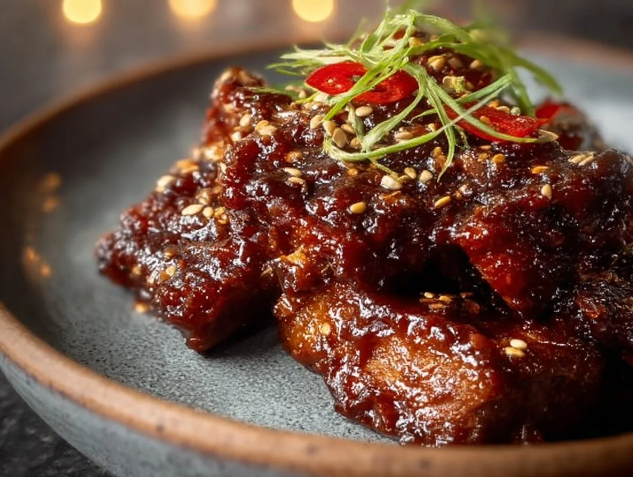 Sweet and spicy rib tips served on a plate, garnished with fresh herbs.