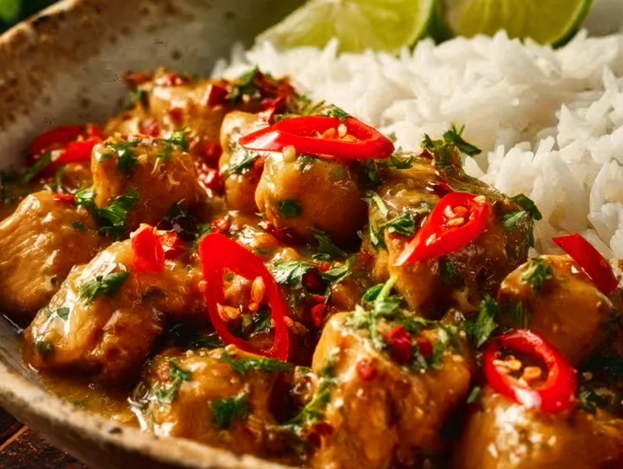 Plate of flavorful Thai Peanut Chicken garnished with herbs and peanuts