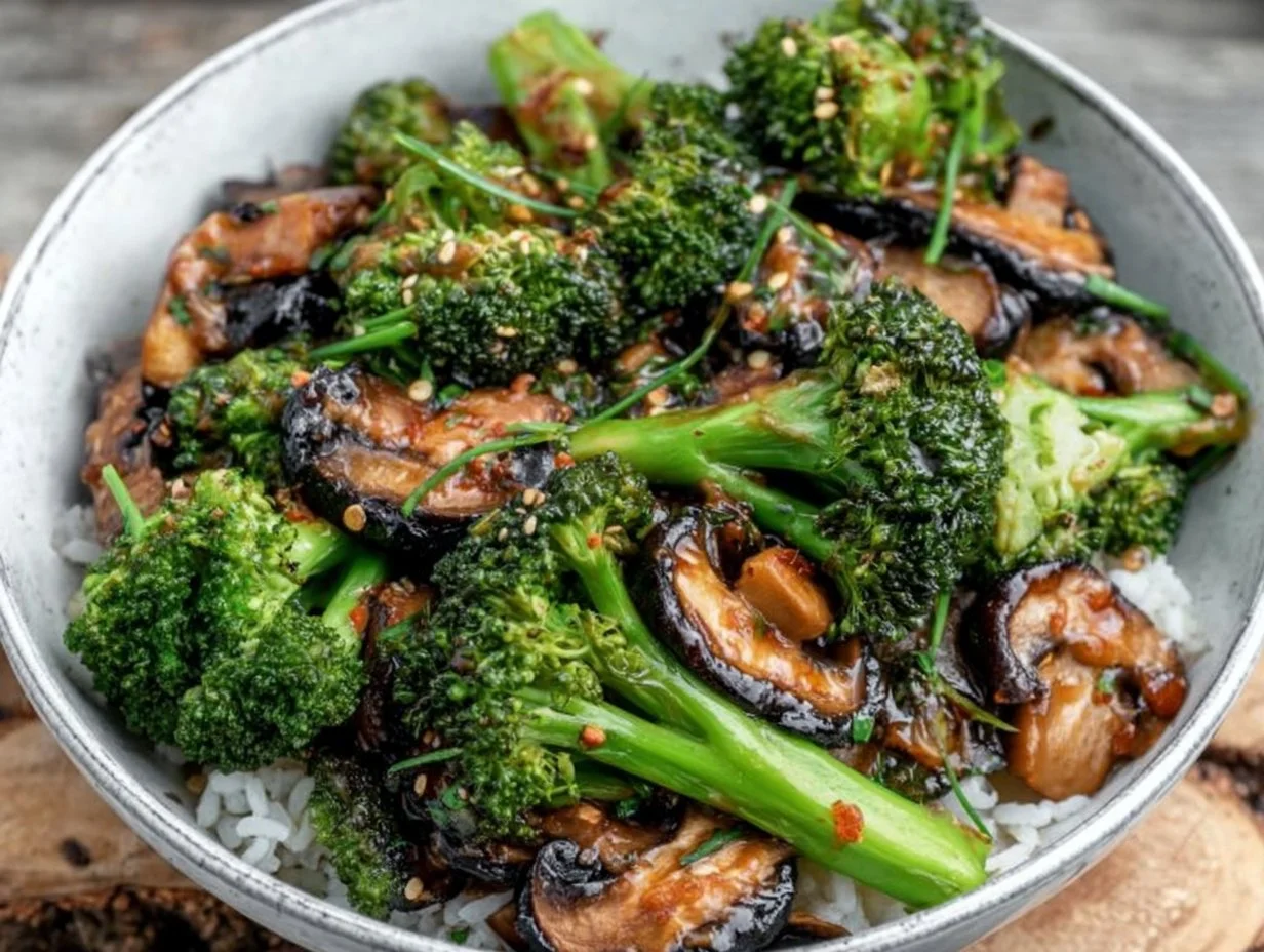 Vegan Broccoli and Mushroom Stir Fry: A Colorful and Delicious Weeknight Meal Delicious vegan broccoli and mushroom stir fry served in a bowl