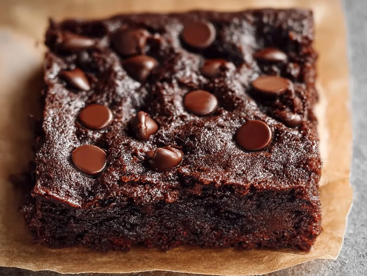 Vegan flourless banana brownies on a white plate, topped with nuts and chocolate drizzle.