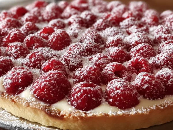 Slice of White Chocolate Raspberry Cream Pie topped with raspberries